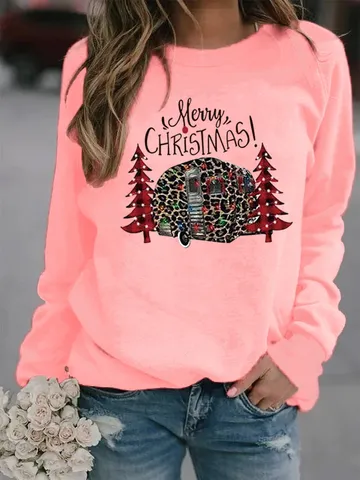 Christmas Printed Fleece Lined Sweatshirt Round Neck Long Sleeve Pullover Casual Polyester Top For Men Women Holiday Wear