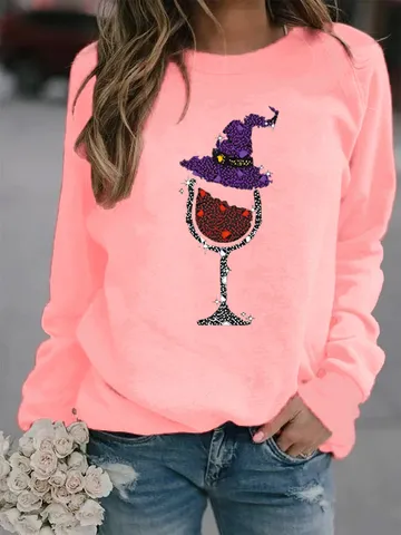 Halloween Christmas Witch Hat Wine Glass Print Fleece Sweatshirt Men Women Unisex Crewneck Long Sleeve Pullover Holiday Casual Top