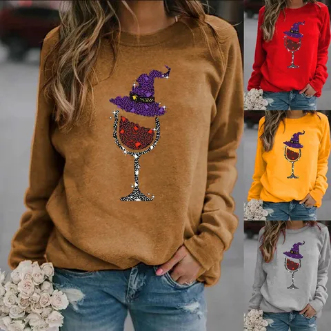 Halloween Christmas Witch Hat Wine Glass Print Fleece Sweatshirt Men Women Unisex Crewneck Long Sleeve Pullover Holiday Casual Top