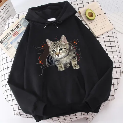 Women Casual Long Sleeve Hoodie Polyester 3D Cat Print Pullover Sweatshirt Loose Hooded Top For Autumn Winter Daily Wear
