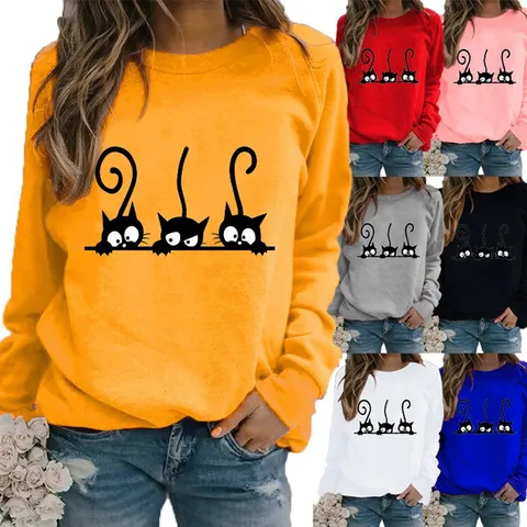 Damen Casual Lockeres Sweatshirt Langarm Rundhalsausschnitt Pullover Mit Lustigem Drei Schwarze Katzen Grafikdruck Herbst Winter Mode Top