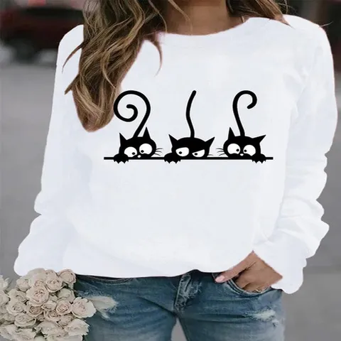 Damen Casual Lockeres Sweatshirt Langarm Rundhalsausschnitt Pullover Mit Lustigem Drei Schwarze Katzen Grafikdruck Herbst Winter Mode Top