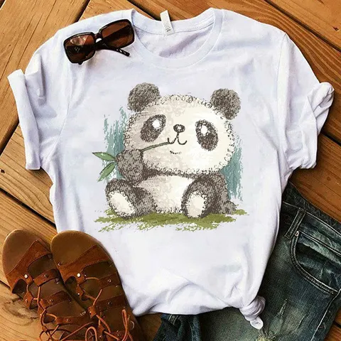 Women Casual Linen Short Sleeve T-Shirt Japanese Retro Panda Printed White Round Neck Loose Tee Top