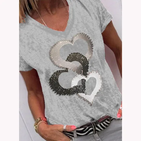 Women's Casual V-Neck Heart Print T-Shirt Spandex Short Sleeve Summer Tee Top Comfortable Fashion Basic Jersey Shirt