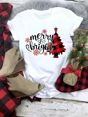 Women's Christmas Tree Graphic Print T-Shirt Festive Short Sleeve Chenille Spandex Casual White Holiday Tee Top