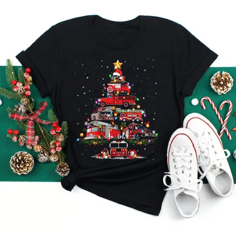 Women Casual Christmas T-Shirt Spandex Festive Graphic Print Short Sleeve Spandex Top Vintage Truck Round Neck Tee Holiday Party