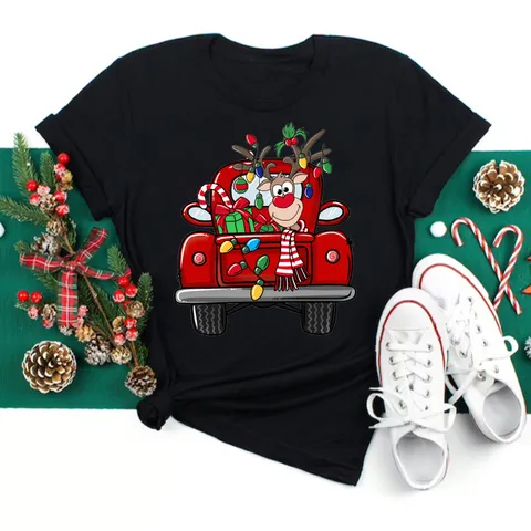 Women Casual Christmas T-Shirt Spandex Festive Graphic Print Short Sleeve Spandex Top Vintage Truck Round Neck Tee Holiday Party