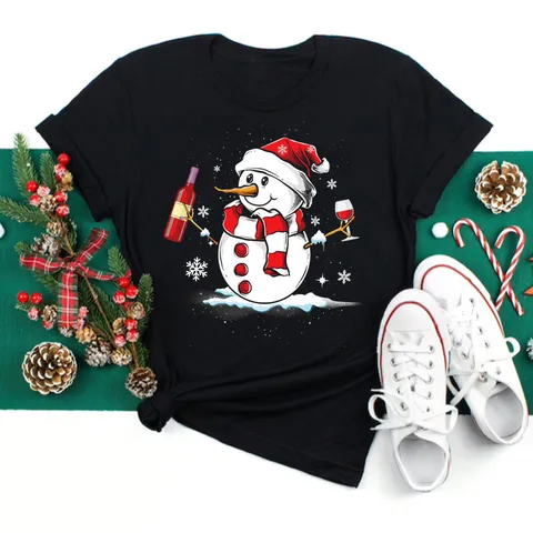 Christmas Snowman Wine Glass Print Short Sleeve T-Shirt For Men Women Casual Round Neck Linen Top Xmas Party Graphic Tee