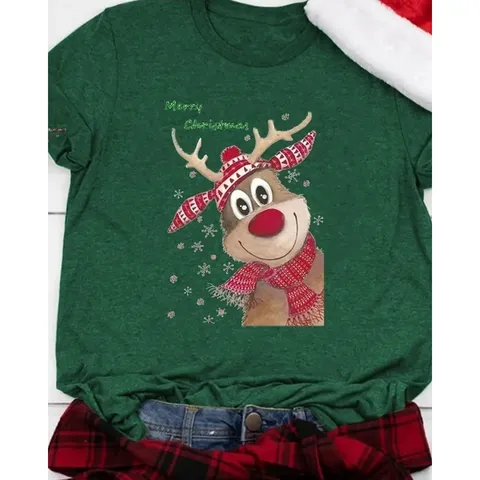 Fröhliche Weihnachten Rentier Druck Elasthan Chenille Kurzarm T-Shirt Damen Herren Rundhals Lässig Festlich Urlaub Top Kleidung