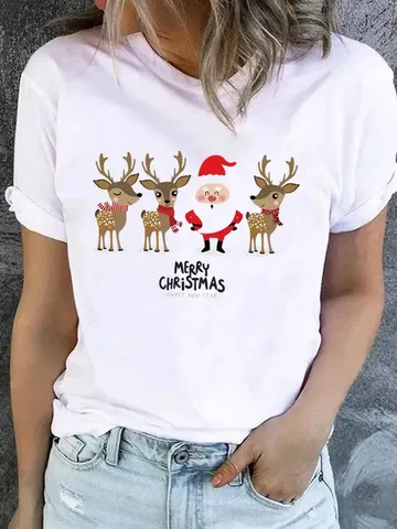 Women Christmas Graphic Printed Short Sleeve Round Neck T-Shirt Spandex Chenille White Casual Holiday Party Top