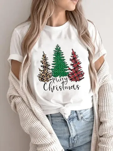 Women Men Christmas Printed T-Shirt Short Sleeve Round Neck Festive Holiday Party Top Spandex Casual Graphic Shirt
