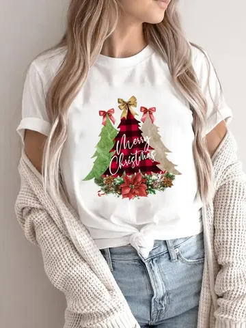 Women Men Christmas Printed T-Shirt Short Sleeve Round Neck Festive Holiday Party Top Spandex Casual Graphic Shirt