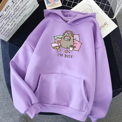 Women's Casual Polyester Long Sleeve Hooded Sweatshirt Cute Cartoon Cat Floral Print Pullover Hoodie Top