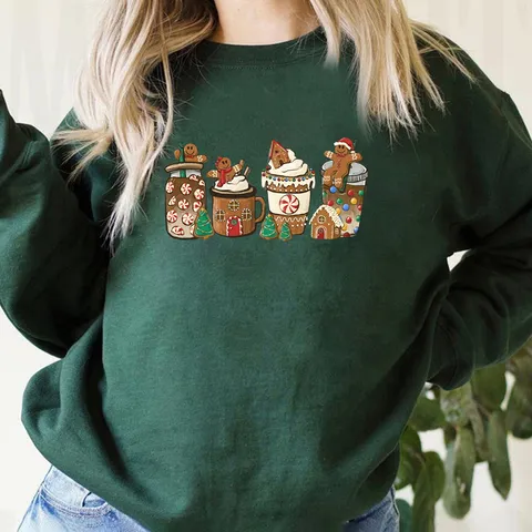 Women Christmas Gingerbread Man Coffee Print Sweatshirt Casual Round Neck Long Sleeve Chenille Pullover Holiday Xmas Top