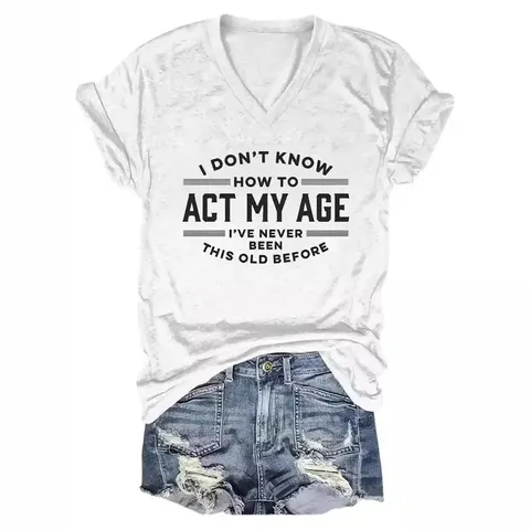 Women's V Neck Short Sleeve T-Shirt Graphic Letter Slogan Print Casual White Top Summer Loose Polyester Tee Clothing