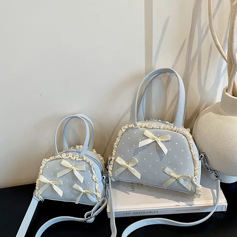 Bolso de Mano Dulce para Mujer con Lunares Encaje y Lazo Cuero PU Bolso de Hombro Bandolera Moda Versátil
