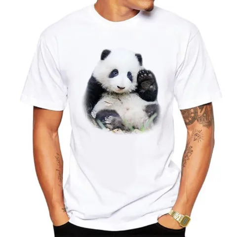 Men Casual Panda Print T-Shirt Modal Round Neck Short Sleeve Straight Fit White Graphic Tee Comfortable Summer Top