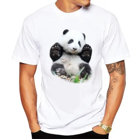 Men Casual Panda Print T-Shirt Modal Round Neck Short Sleeve Straight Fit White Graphic Tee Comfortable Summer Top