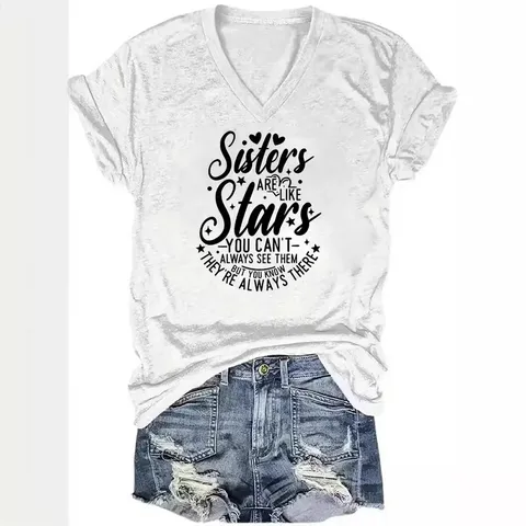 Women Fashion V Neck Short Sleeve Polyester T-Shirt Basic Sweet Letter Print Top For Daily Summer Streetwear White Tee