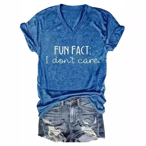 Maglietta da Donna Estiva con Scollo a V e Maniche Corte Stampa Lettere Fun Fact Poliestere Casual Top Streetwear
