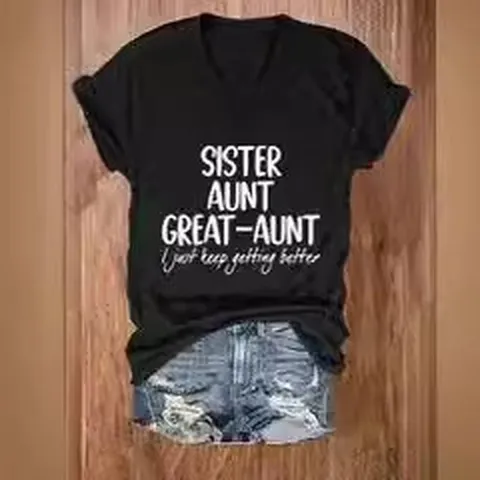 Women Casual V-Neck Short Sleeve Printed T-Shirt Letter Graphic Polyester Top Loose Fitting Summer Apparel For Ladies