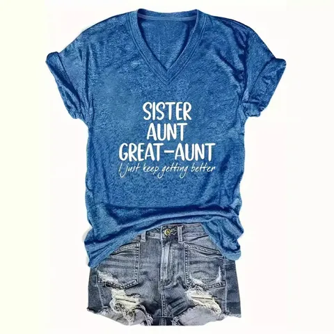 Women Casual V-Neck Short Sleeve Printed T-Shirt Letter Graphic Polyester Top Loose Fitting Summer Apparel For Ladies