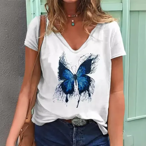 Women's V-Neck Short Sleeve T-Shirt Butterfly Graphic Printed Summer Casual Loose Fit Polyester Top Soft Breathable Tee White