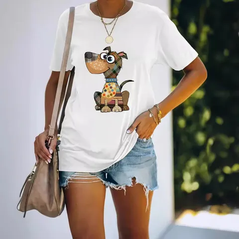 Women Casual Polyester T-Shirt Cartoon Dog Patchwork Graphic Print Short Sleeve Crew Neck Summer Fashion Basic Tee Top