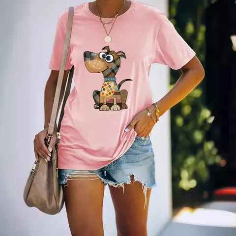 Women Casual Polyester T-Shirt Cartoon Dog Patchwork Graphic Print Short Sleeve Crew Neck Summer Fashion Basic Tee Top