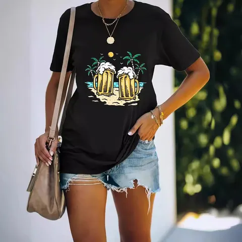 Damen Casual Strand Bier Grafikdruck Kurzarm T-Shirt Locker Rundhals Polyester Top Sommerurlaub Mode Kleidung