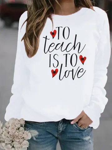 Damen Rundhals Pullover Sweatshirt Langarm Buchstabe Herz Bedruckt Polyester Top Lässig Süß Locker Sweatshirt Für Den Alltag