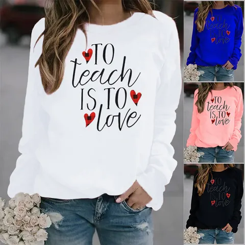 Damen Rundhals Pullover Sweatshirt Langarm Buchstabe Herz Bedruckt Polyester Top Lässig Süß Locker Sweatshirt Für Den Alltag