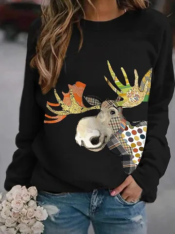Felpa da Uomo con Stampa di Renna di Natale in Pile Urban Casual Poliestere Manica Lunga Girocollo Pullover Top Moda Festiva
