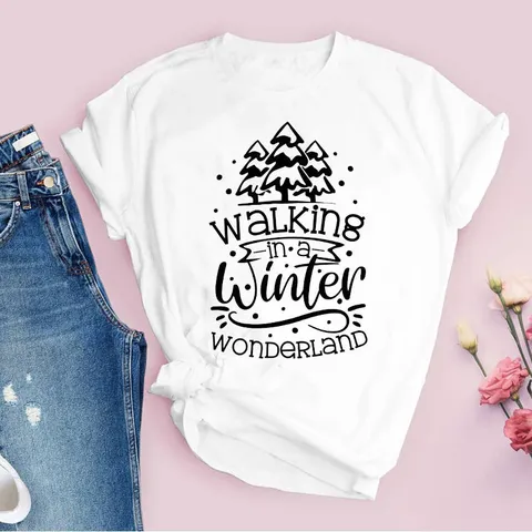 Women Festive Christmas Graphic Print T-Shirt Chenille Spandex Short Sleeve Top White Holiday Crew Neck Casual Tee