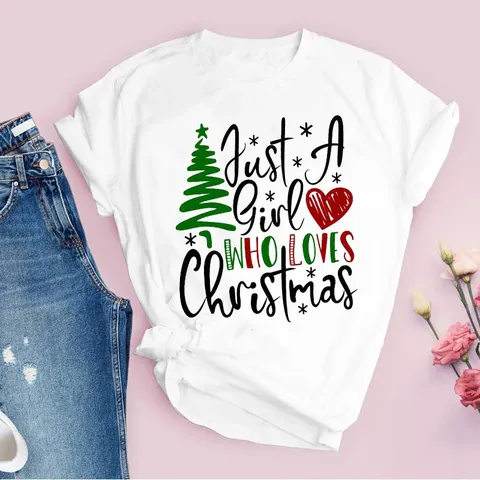 Women Festive Christmas Graphic Print T-Shirt Chenille Spandex Short Sleeve Top White Holiday Crew Neck Casual Tee
