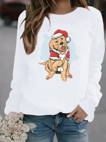 Women Christmas Golden Retriever Printed Fleece Sweatshirt Crewneck Long Sleeve Casual Holiday Pullover Winter Top