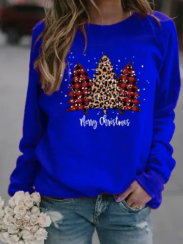 Sudadera de Navidad para Hombre Estampado de Árbol de Navidad Leopardo Cuadros Pullover con Forro de Lana Cuello Redondo Manga Larga