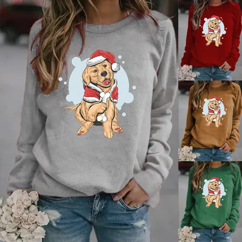 Women Christmas Golden Retriever Printed Fleece Sweatshirt Crewneck Long Sleeve Casual Holiday Pullover Winter Top