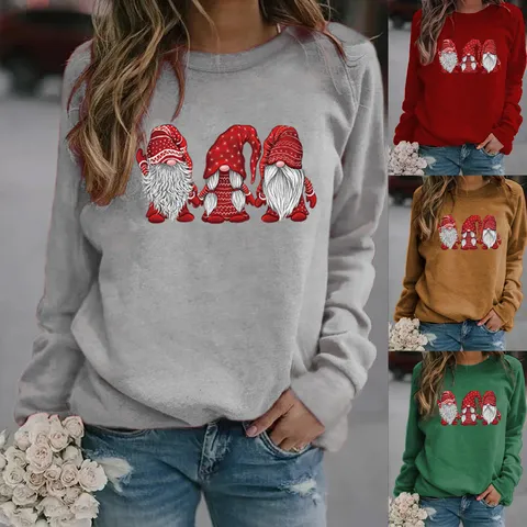 Christmas Gnome Printed Fleece Sweatshirt Top Polyester Crewneck Long Sleeve Pullover For Men Women Winter Casual Holiday Apparel
