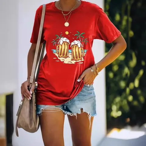 Damen Casual Strand Bier Grafikdruck Kurzarm T-Shirt Locker Rundhals Polyester Top Sommerurlaub Mode Kleidung