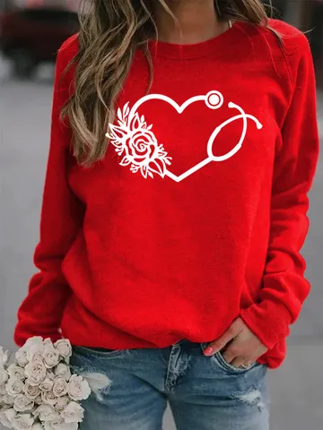 Herren Weihnachten Stethoskop Herz Rose Grafikdruck Fleecegefüttert Sweatshirt Lässig Langarm Rundhals Pullover Polyester Top