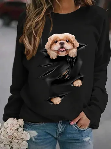 Sudadera de Navidad para Hombre Forrada de Lana Casual Cuello Redondo Manga Larga Pullover Con Estampado de Perro 3D Top Moda Urbana