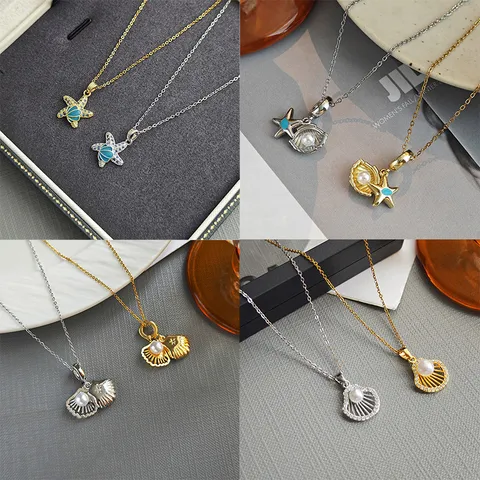 Collier Pendentif Perle Coquillage Étoile de Mer en Acier Inoxydable Minimaliste Plaqué Or Argent Strass Style Océan Bijoux Cadeau