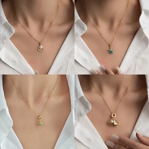 Collier Pendentif Perle Coquillage Étoile de Mer en Acier Inoxydable Minimaliste Plaqué Or Argent Strass Style Océan Bijoux Cadeau