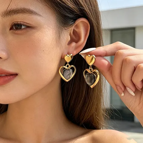 Boucles d'Oreilles Clous en Acier Inoxydable Cœur Creu Pierre Œil-de-Chat Vintage Français Bijoux Élégants pour Femmes