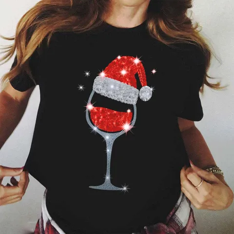 Christmas Wine Glass Graphic Print Linen T-Shirt Unisex Loose Short Sleeve Festive Casual Top For Party Daily Wear