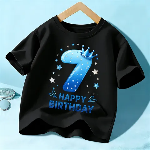 T-shirt d'Anniversaire en Coton pour Enfants Manches Courtes Top Happy Birthday Imprimé Nombre Tee Garçons Filles Vêtements