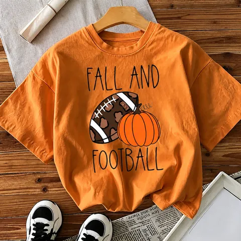 Women Halloween Fall Football Printed T-Shirt Casual Short Sleeve Cotton Top Combed Cotton Pullover Round Neck T-Shirt For Party