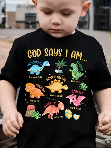 Camiseta de Algodón Peinado para Niños Estampado de Dinosaurio de Dibujos Animados Cita Bíblica Cristiana God Says I Am Manga Corta Cuello Redondo Top Casual de Verano