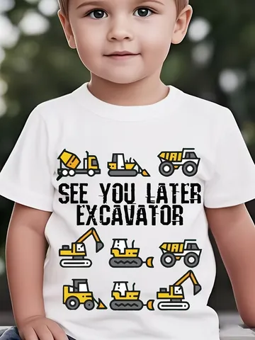 Kids Combed Cotton Short Sleeve T-Shirt Graphic Excavator Vehicle Print Crew Neck Casual Summer Top For Boys And Girls